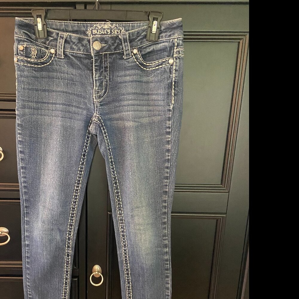 Paisley Sky Thick White Stitch Straight Leg Stretch Blue Jeans - Sz 4 Low Rise